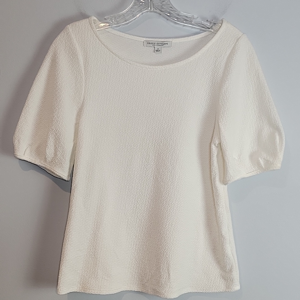 Green Envelope white textured puff sleeve shirt size Small